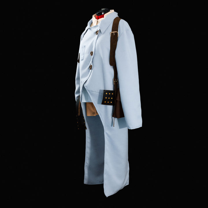 TF2 Medic Lab Coat in blue cotton fabric for cosplay featuring 3 buttons and one pouch as seen in Meet the Real Medic