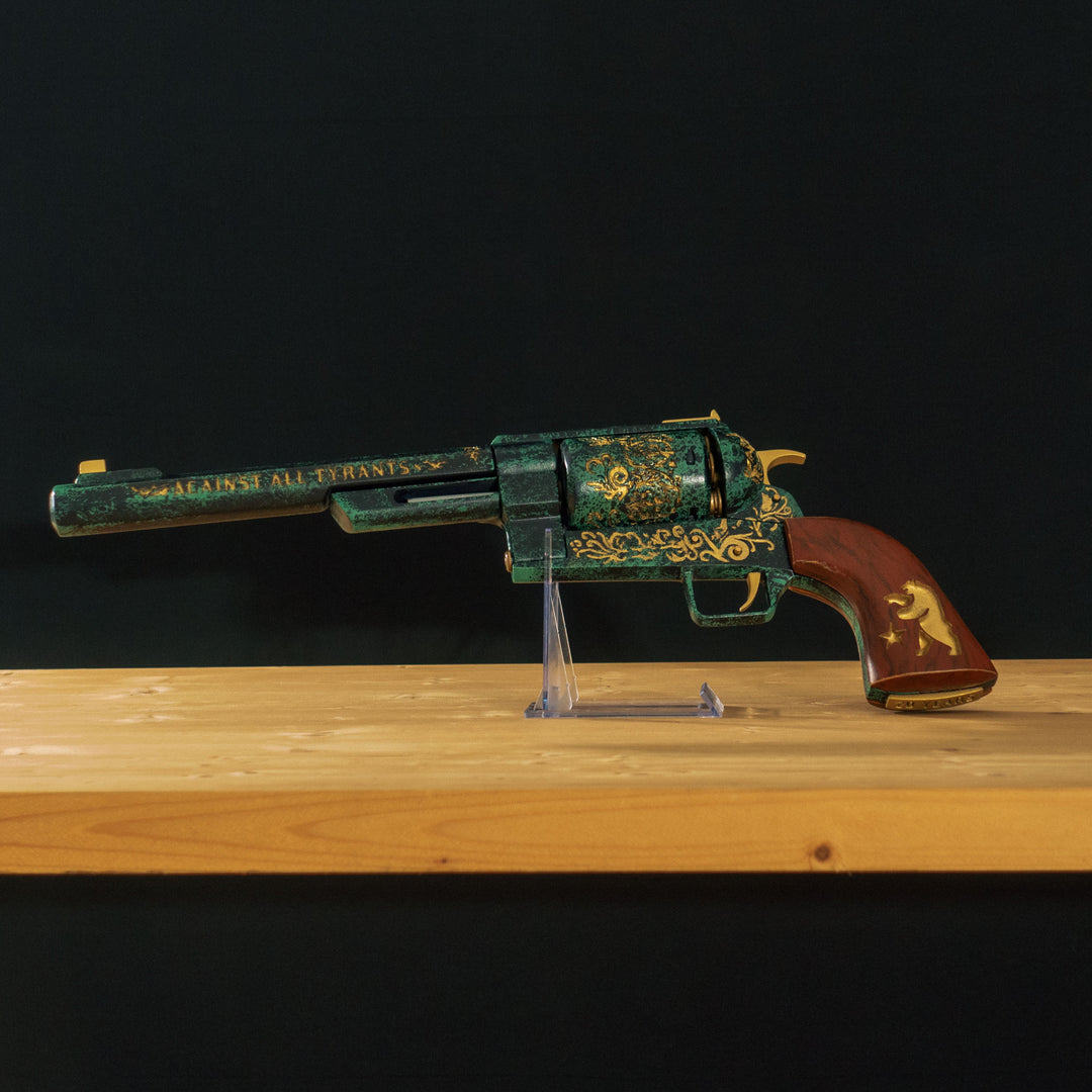 A FNV Inspired NCR Ranger Sequoia cosplay prop with a spinning cylinder that you can fill with fake 45-70 bullets and a hammer. The infill is hand painted and everything is assembled meticulously.