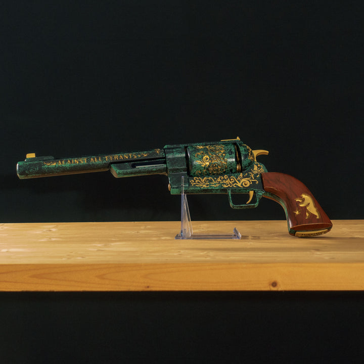 A FNV Inspired NCR Ranger Sequoia cosplay prop with a spinning cylinder that you can fill with fake 45-70 bullets and a hammer. The infill is hand painted and everything is assembled meticulously.