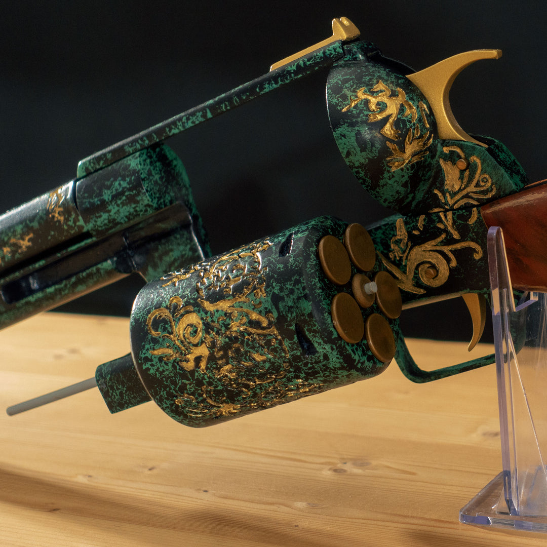 A FNV Inspired NCR Ranger Sequoia cosplay prop with a spinning cylinder that you can fill with fake 45-70 bullets and a hammer. The infill is hand painted and everything is assembled meticulously.