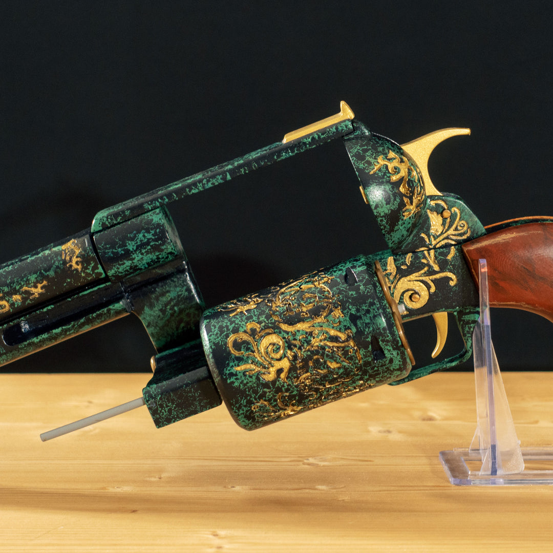 A FNV Inspired NCR Ranger Sequoia cosplay prop with a spinning cylinder that you can fill with fake 45-70 bullets and a hammer. The infill is hand painted and everything is assembled meticulously.