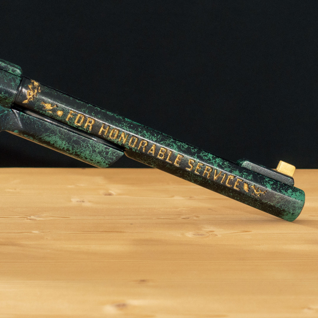 A FNV Inspired NCR Ranger Sequoia cosplay prop with a spinning cylinder that you can fill with fake 45-70 bullets and a hammer. The infill is hand painted and everything is assembled meticulously.