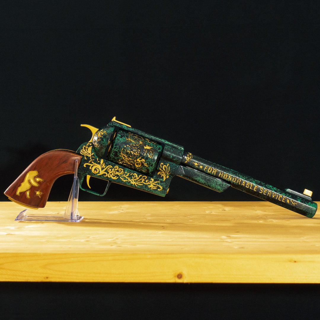 A FNV Inspired NCR Ranger Sequoia cosplay prop with a spinning cylinder that you can fill with fake 45-70 bullets and a hammer. The infill is hand painted and everything is assembled meticulously.