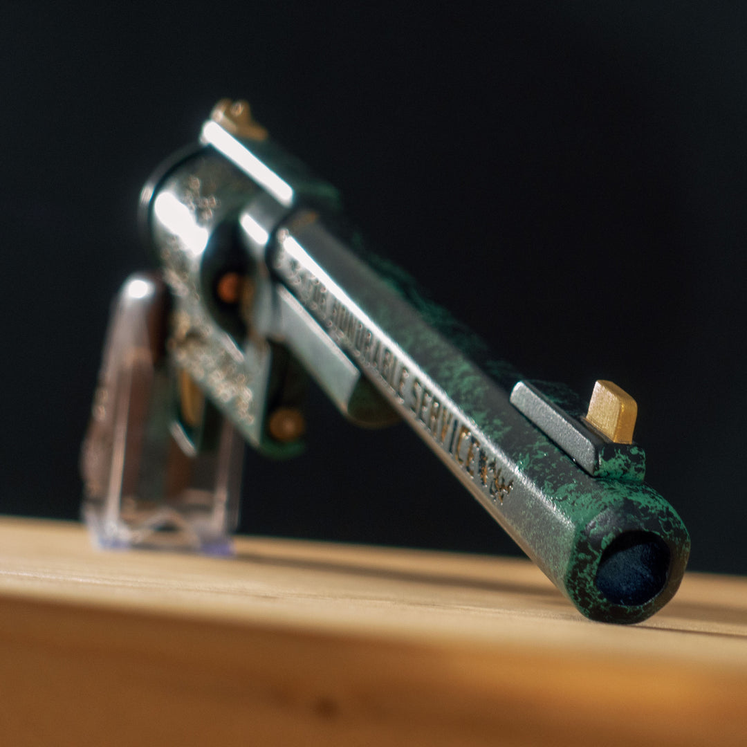 A FNV Inspired NCR Ranger Sequoia cosplay prop with a spinning cylinder that you can fill with fake 45-70 bullets and a hammer. The infill is hand painted and everything is assembled meticulously.