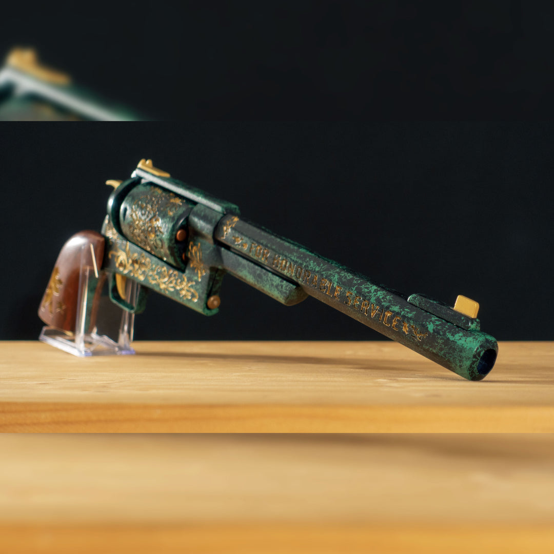 A FNV Inspired NCR Ranger Sequoia cosplay prop with a spinning cylinder that you can fill with fake 45-70 bullets and a hammer. The infill is hand painted and everything is assembled meticulously.