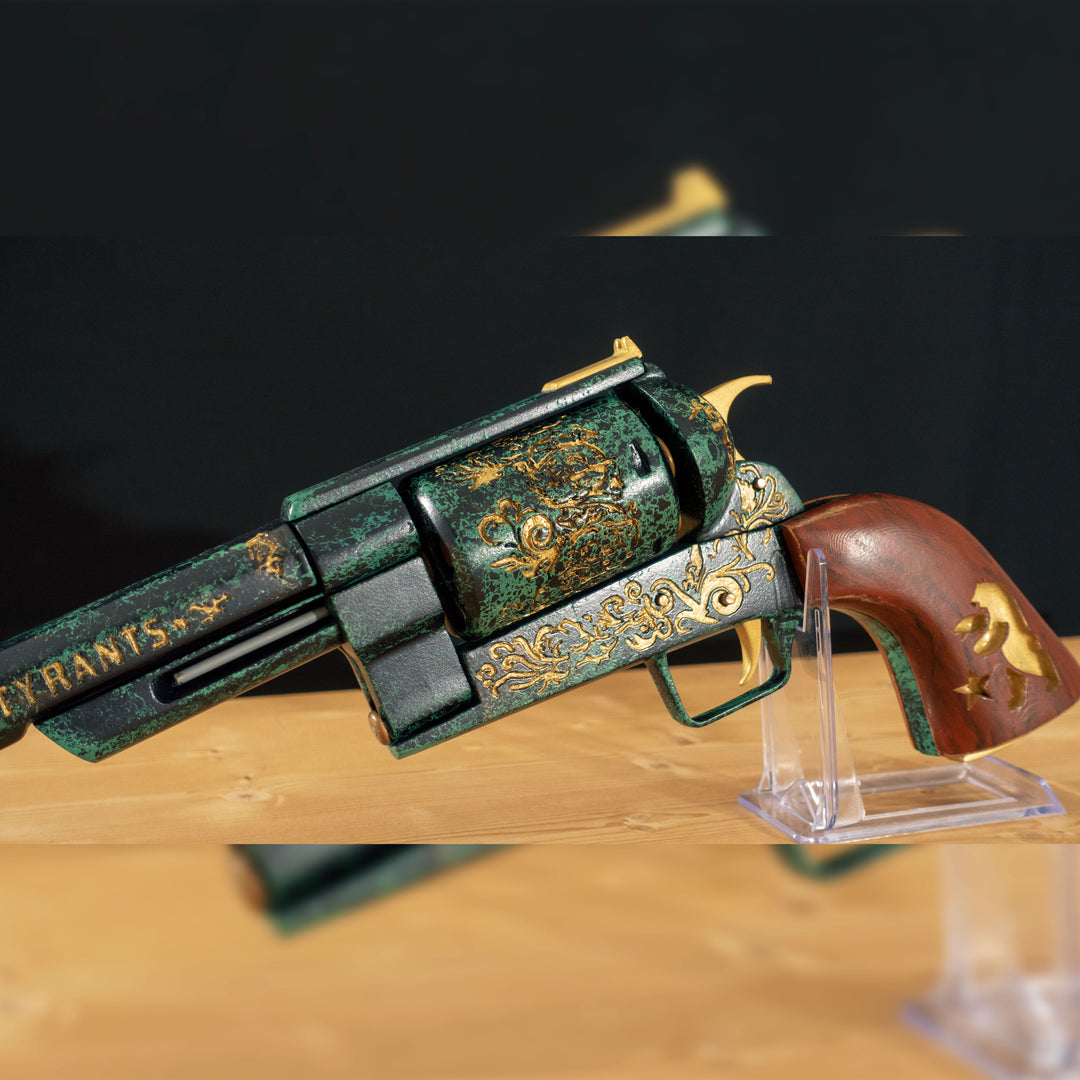 A FNV Inspired NCR Ranger Sequoia cosplay prop with a spinning cylinder that you can fill with fake 45-70 bullets and a hammer. The infill is hand painted and everything is assembled meticulously.