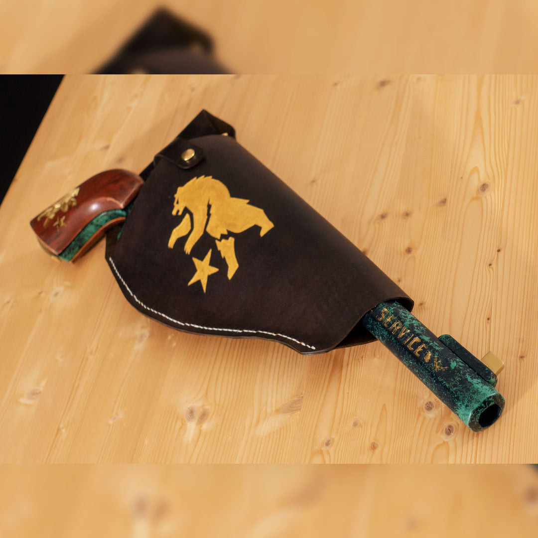 An engraved leather for our FNV inspired Ranger Sequoia cosplay prop, all filed later over the bear logo with golden pigments and hand sewn.