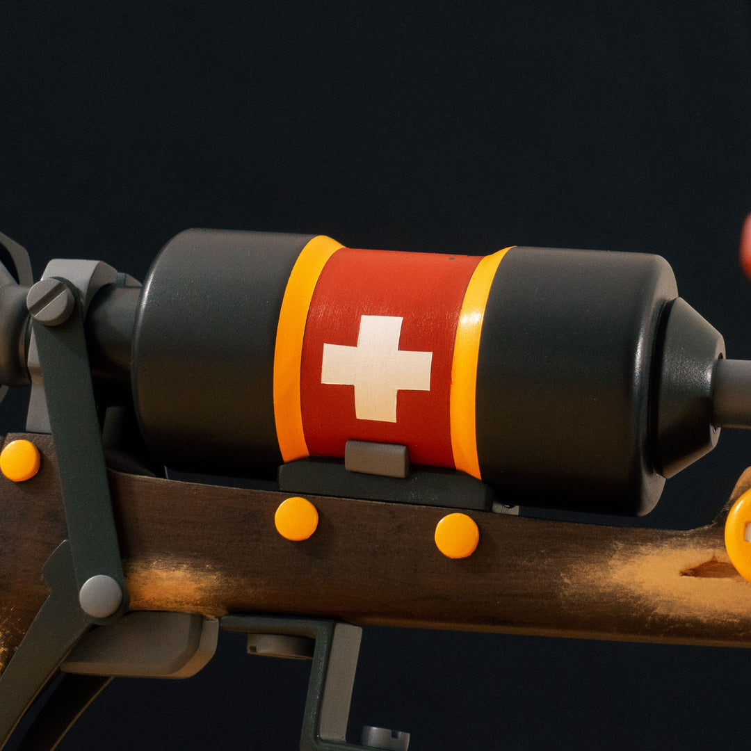 A TF2 Medic Crusader's Crossbow prop for cosplay or collection with a removable fake syringe bolt! Has all the little details from in-game like the bloody rag wrapped around the front wooden handle or small scuff all around.