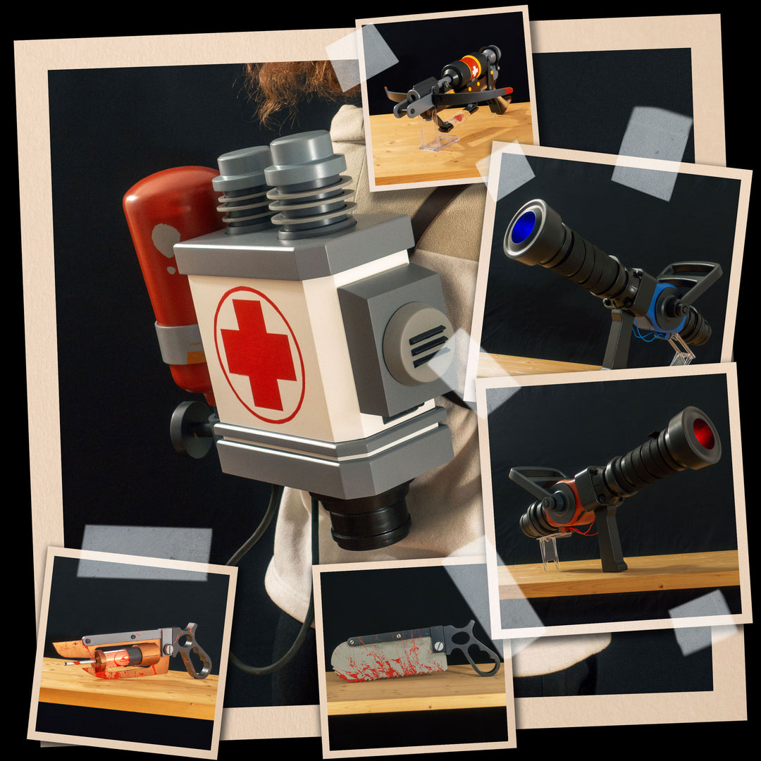 A TF2 Medic Bundle with at your choice our Medigun, Medic Backpack, Crusader's Crossbow, Bonesaw and Übersaw cosplay props in either the Team Fortress 2 style or a metal paint job!