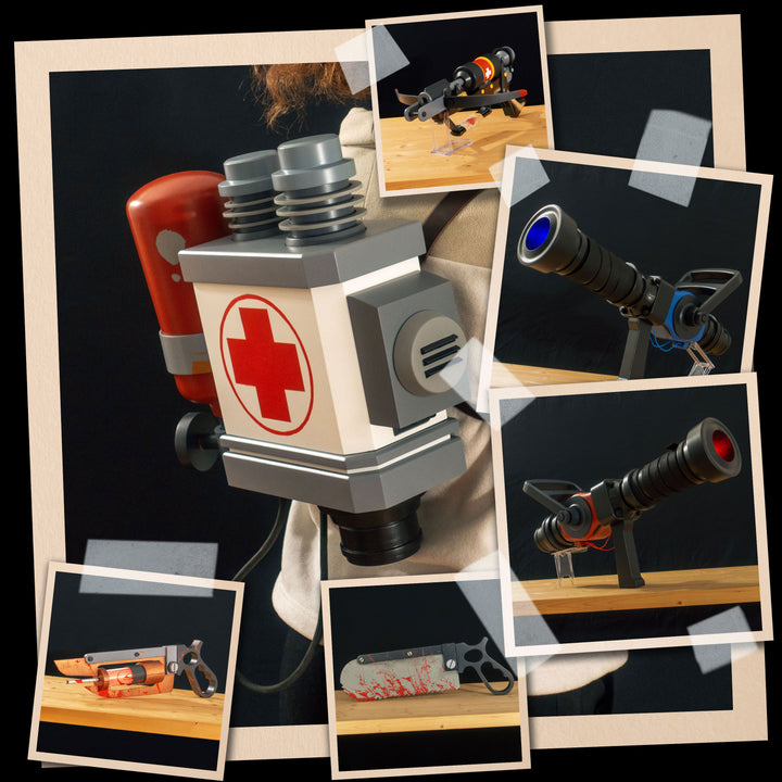 A TF2 Medic Bundle with at your choice our Medigun, Medic Backpack, Crusader's Crossbow, Bonesaw and Übersaw cosplay props in either the Team Fortress 2 style or a metal paint job!