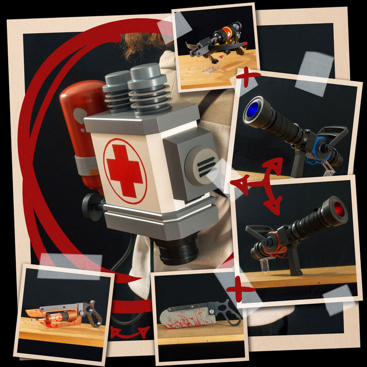 A TF2 Medic Bundle with at your choice our Medigun, Medic Backpack, Crusader's Crossbow, Bonesaw and Übersaw cosplay props in either the Team Fortress 2 style or a metal paint job!