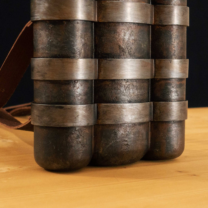 A Fallout New Vegas inspired apparatus mimicking the NCR Ranger Air Tank "backpack" with a moving air pressure gauge and 2 pressable buttons! Comes in Clean, Weathered and Rusty versions! Straps are vegetabled leather.