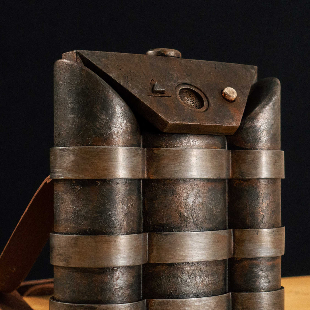 A Fallout New Vegas inspired apparatus mimicking the NCR Ranger Air Tank "backpack" with a moving air pressure gauge and 2 pressable buttons! Comes in Clean, Weathered and Rusty versions! Straps are vegetabled leather.