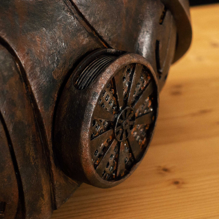 An Inspired Fallout New Vegas 2 parts helmet featuring the well knows NCR Ranger Helmet function. Lenses glow no matter the light, and it has side lights on the right side controlled at the right ear piece control panel. Has a fan inside to wick out moisture so you can be comfortable while wearing it for extended period of time. inside is padded with vegetable leather and a chin strap for align your vision with the lenses no matter your build.
