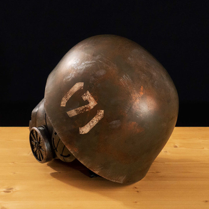 An Inspired Fallout New Vegas 2 parts helmet featuring the well knows NCR Ranger Helmet function. Lenses glow no matter the light, and it has side lights on the right side controlled at the right ear piece control panel. Has a fan inside to wick out moisture so you can be comfortable while wearing it for extended period of time. inside is padded with vegetable leather and a chin strap for align your vision with the lenses no matter your build.
