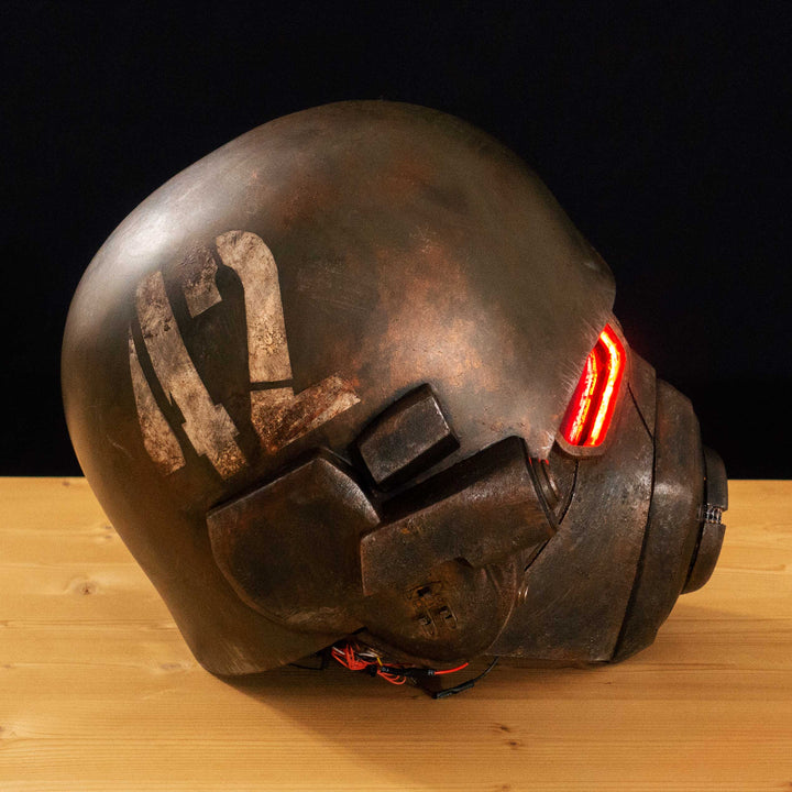 An Inspired Fallout New Vegas 2 parts helmet featuring the well knows NCR Ranger Helmet function. Lenses glow no matter the light, and it has side lights on the right side controlled at the right ear piece control panel. Has a fan inside to wick out moisture so you can be comfortable while wearing it for extended period of time. inside is padded with vegetable leather and a chin strap for align your vision with the lenses no matter your build.