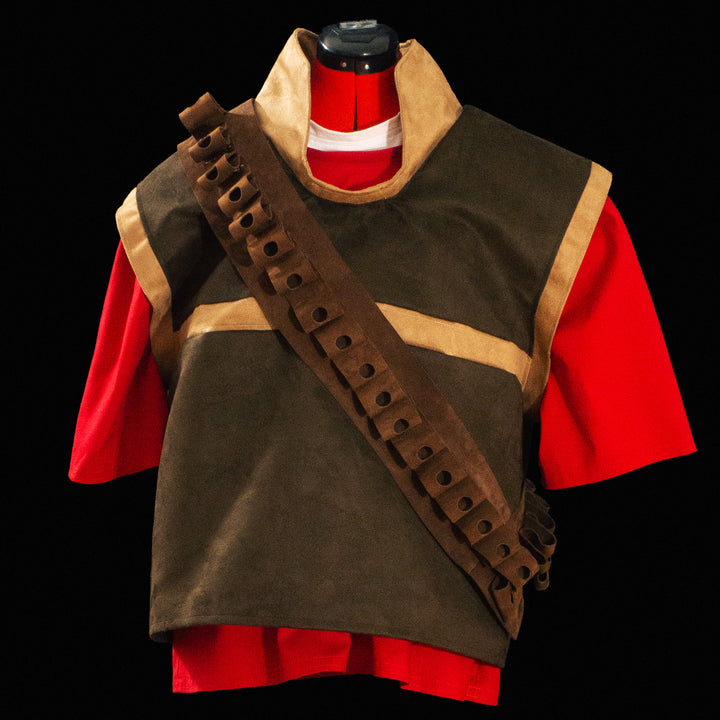 A suede tf2 heavy vest made for Meet The Real Medic with its leather bandolier and red shirt ready for cosplays