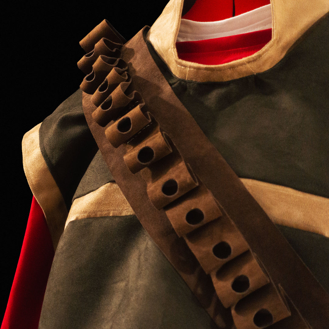 A suede tf2 heavy vest made for Meet The Real Medic with its leather bandolier and red shirt ready for cosplays