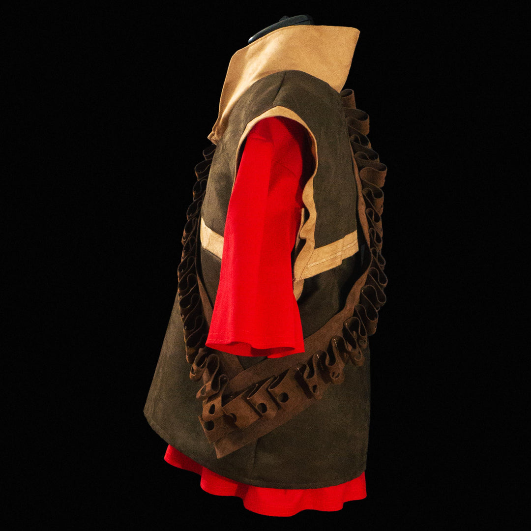 A suede tf2 heavy vest made for Meet The Real Medic with its leather bandolier and red shirt ready for cosplays
