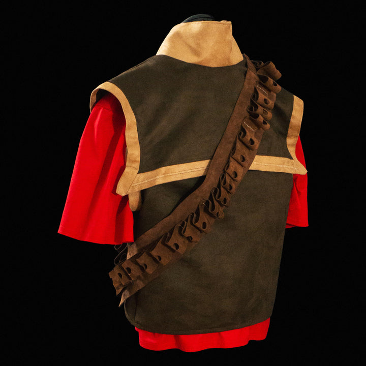 A suede tf2 heavy vest made for Meet The Real Medic with its leather bandolier and red shirt ready for cosplays