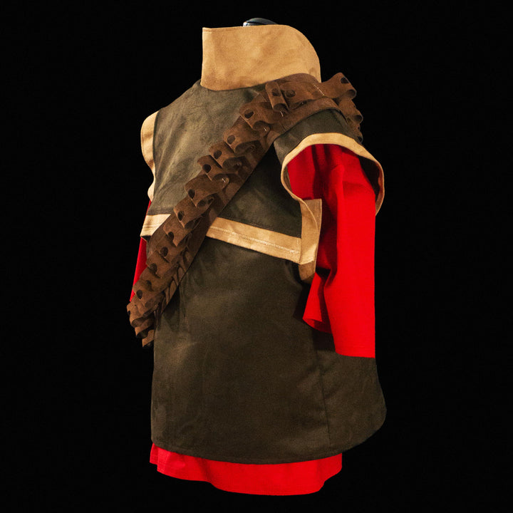 A suede tf2 heavy vest made for Meet The Real Medic with its leather bandolier and red shirt ready for cosplays