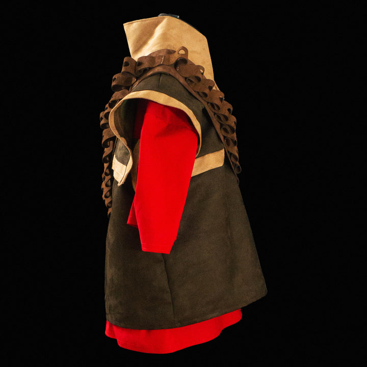 A suede tf2 heavy vest made for Meet The Real Medic with its leather bandolier and red shirt ready for cosplays