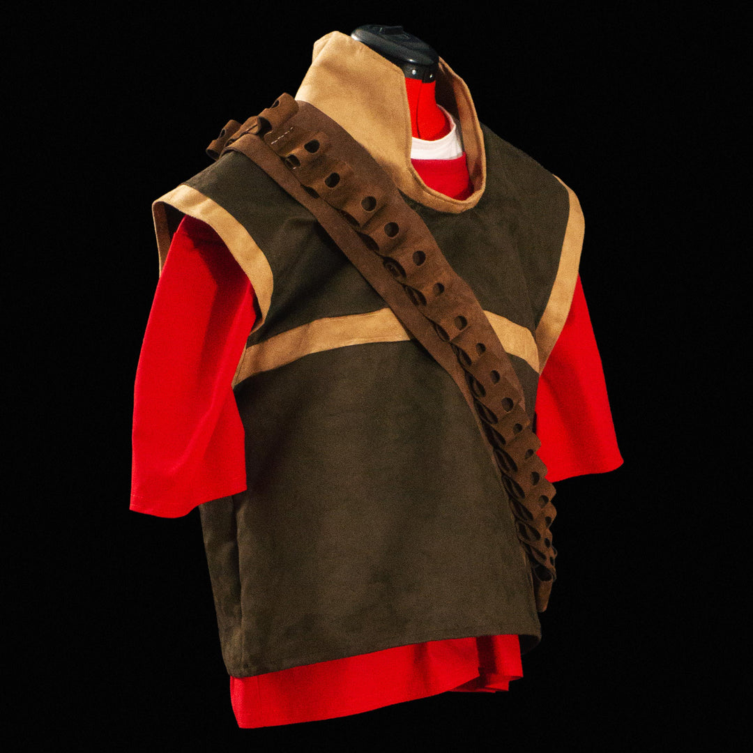 A suede tf2 heavy vest made for Meet The Real Medic with its leather bandolier and red shirt ready for cosplays