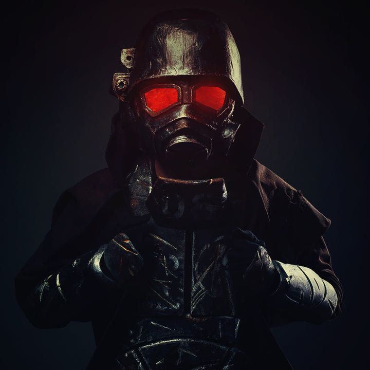 A Fallout New Vegas inspired full NCR Ranger cosplay featuring its main recognisable features: the Embroidered Duster Coat, the Chest Armour, Helmet with glowing lenses, Forearm plates, Gloves with another small steel cutout AND the Air tanks backpack being optional. All armour pieces but the helmet are done with High Density EVA Foam. 