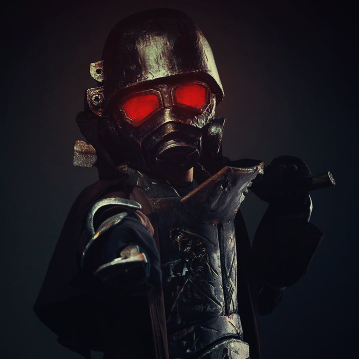 A Fallout New Vegas inspired full NCR Ranger cosplay featuring its main recognisable features: the Embroidered Duster Coat, the Chest Armour, Helmet with glowing lenses, Forearm plates, Gloves with another small steel cutout AND the Air tanks backpack being optional. All armour pieces but the helmet are done with High Density EVA Foam. 