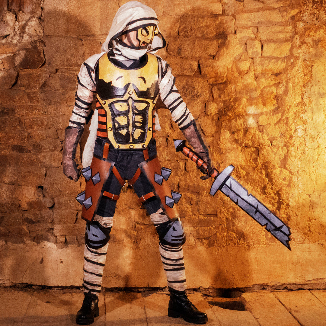 A full Leper cosplay bundle from Darkest Dungeon! Includes the Chest Armour, Wadders, Knee pads, Bandages, Cloak and Sword all with the cell-shadded look!
