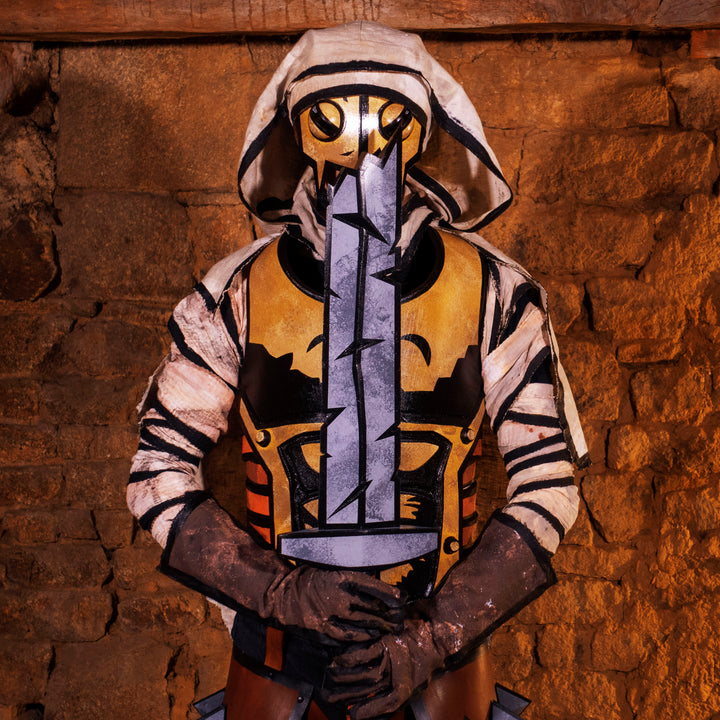 A full Leper cosplay bundle from Darkest Dungeon! Includes the Chest Armour, Wadders, Knee pads, Bandages, Cloak and Sword all with the cell-shadded look!