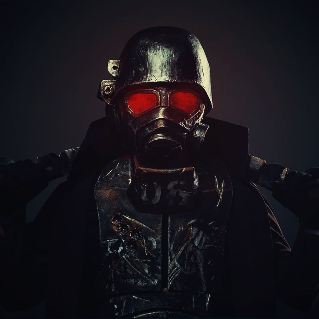 A Fallout New Vegas inspired full NCR Ranger cosplay featuring its main recognisable features: the Embroidered Duster Coat, the Chest Armour, Helmet with glowing lenses, Forearm plates, Gloves with another small steel cutout AND the Air tanks backpack being optional. All armour pieces but the helmet are done with High Density EVA Foam. 