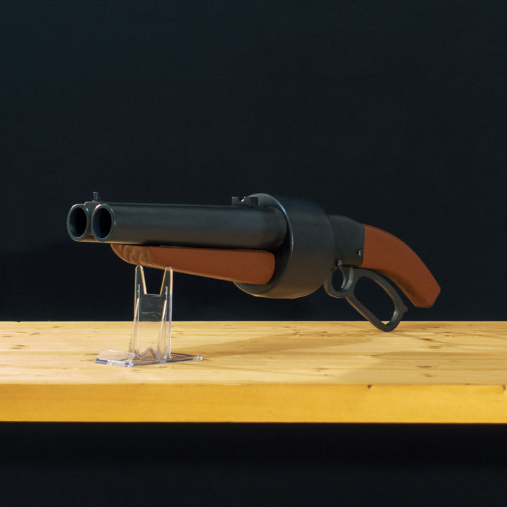 A TF2 Scout Scattergun cosplay prop with its Team Fortress 2 paint job with a moving lever and wooden handles. Comes in Festive too!