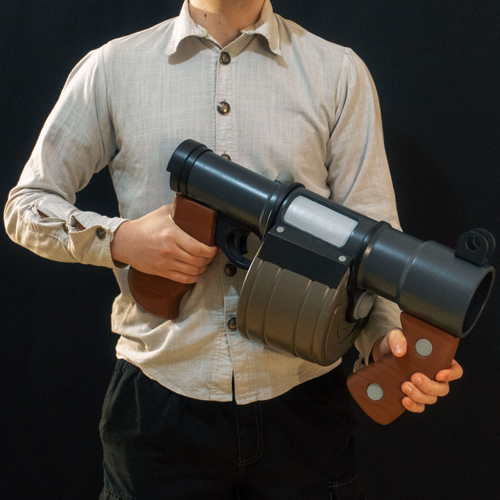A TF2 Demoman Sticky Launcher cosplay prop with moving parts, wooden elements and a sticky!