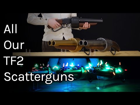 A TF2 Scout Scattergun cosplay prop with its Team Fortress 2 paint job with a moving lever and wooden handles. Comes in Festive too!